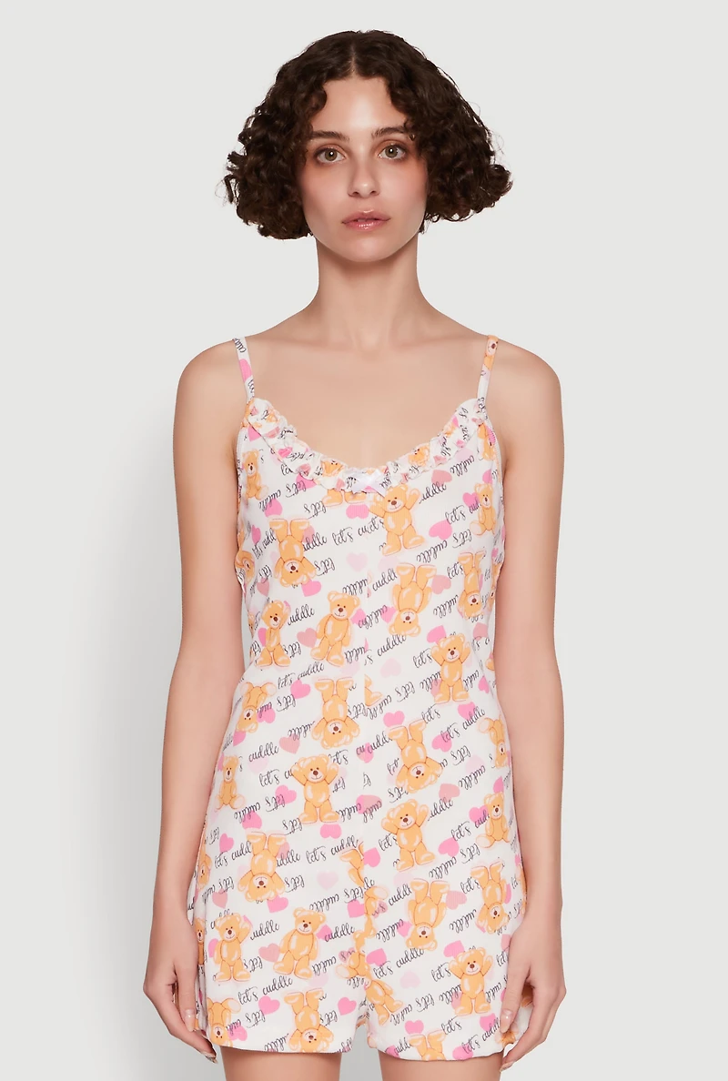 Womens Lettuce Edge Teddy Bear Graphic Pajama Romper, Multi,