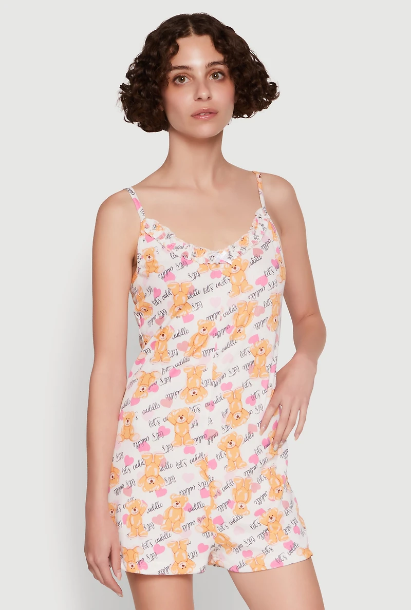 Womens Lettuce Edge Teddy Bear Graphic Pajama Romper, Multi,