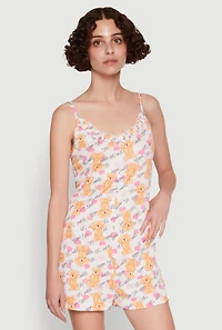 Womens Lettuce Edge Teddy Bear Graphic Pajama Romper, Multi, Size L