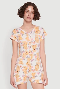 Womens Cute Cuddle Bear Graphic Button Front Pajama Romper, Multi, Size S