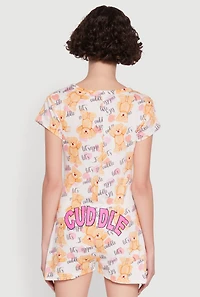 Womens Cute Cuddle Bear Graphic Button Front Pajama Romper, Multi, Size S