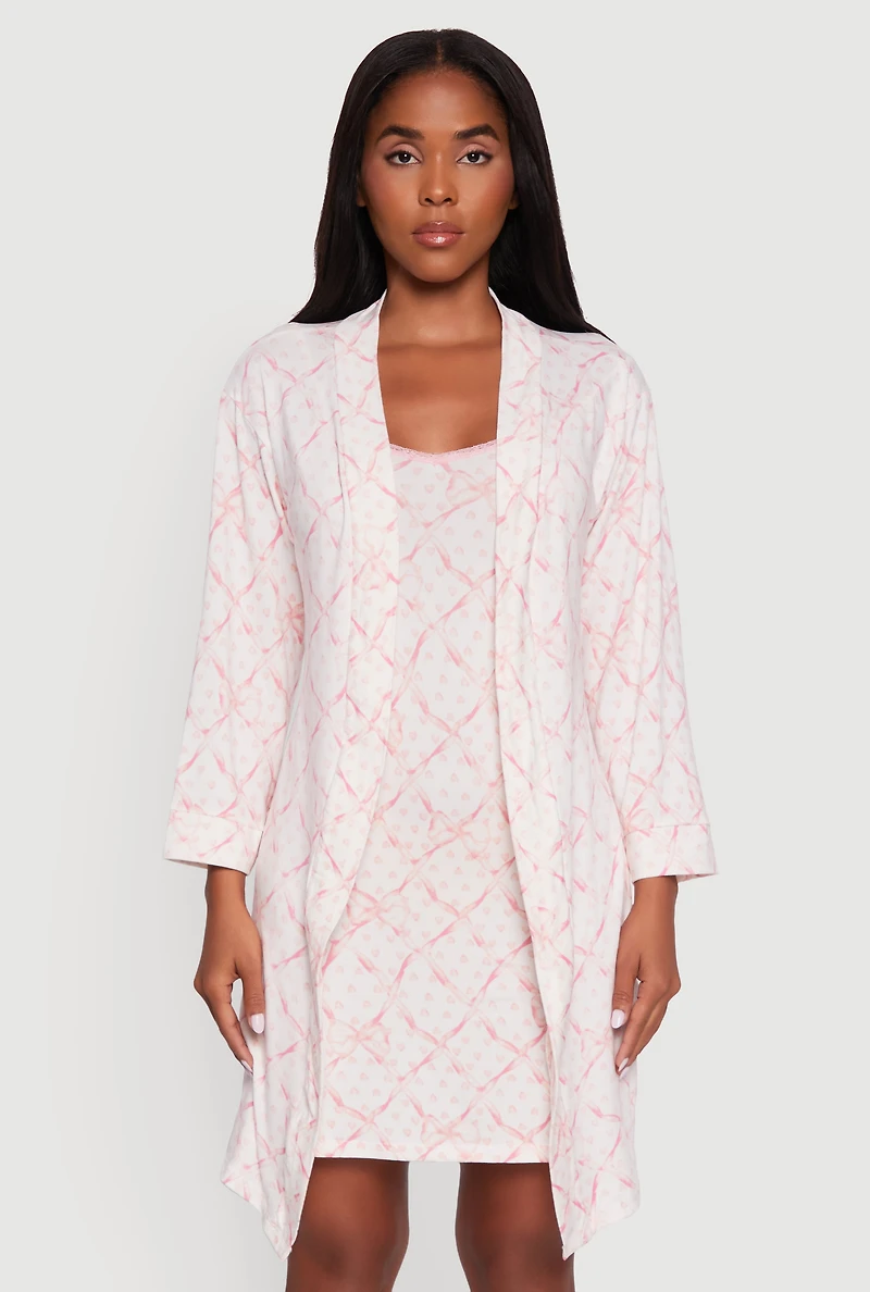 Womens Bow Print Nightgown with Robe, Pink, Size S
