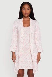Womens Bow Print Nightgown with Robe, Pink, Size S