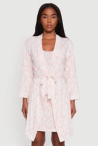 Womens Bow Print Nightgown with Robe, Pink, Size S