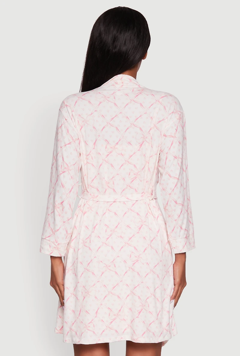 Womens Bow Print Nightgown with Robe, Pink, Size S