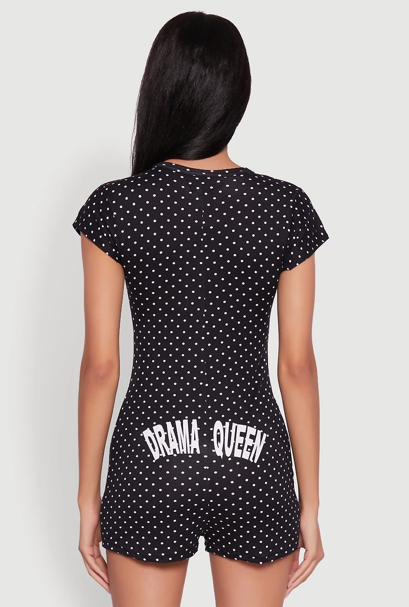 Womens Drama Queen Graphic Polka Dot Pajama Romper,