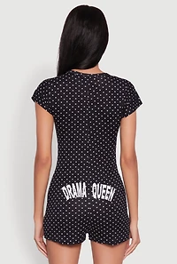 Womens Drama Queen Graphic Polka Dot Pajama Romper,