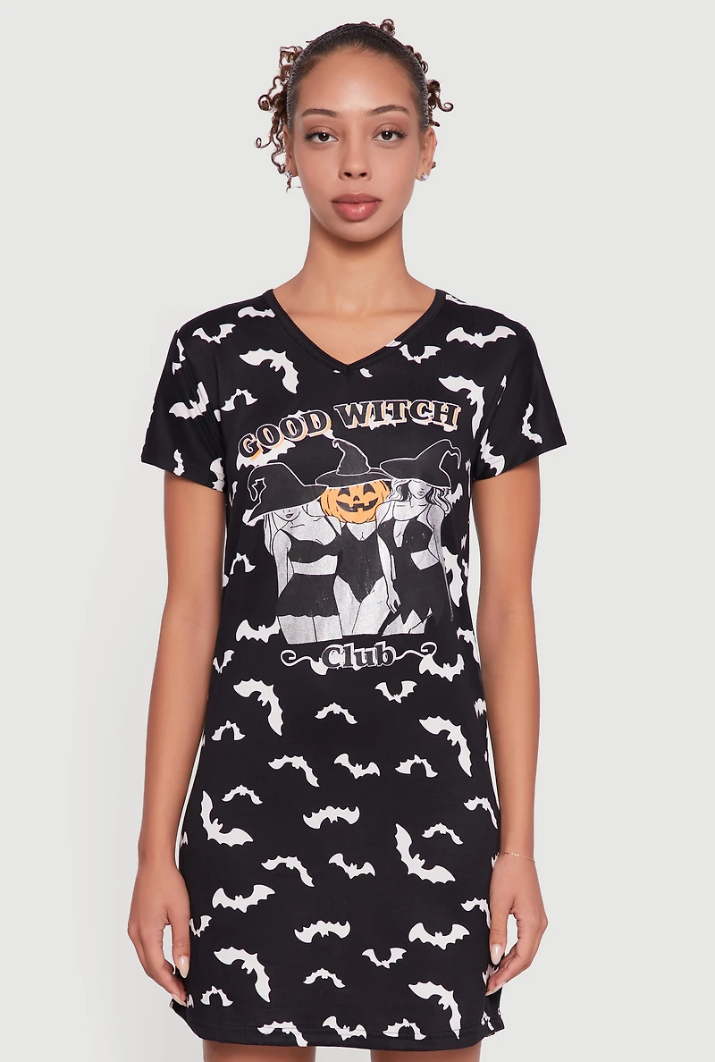 Womens Good Witch Club Graphic Sleepshirt, Black, Size XL