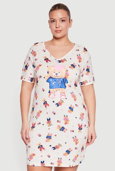 Plus American Flag Teddy Bear Graphic Print Sleepshirt