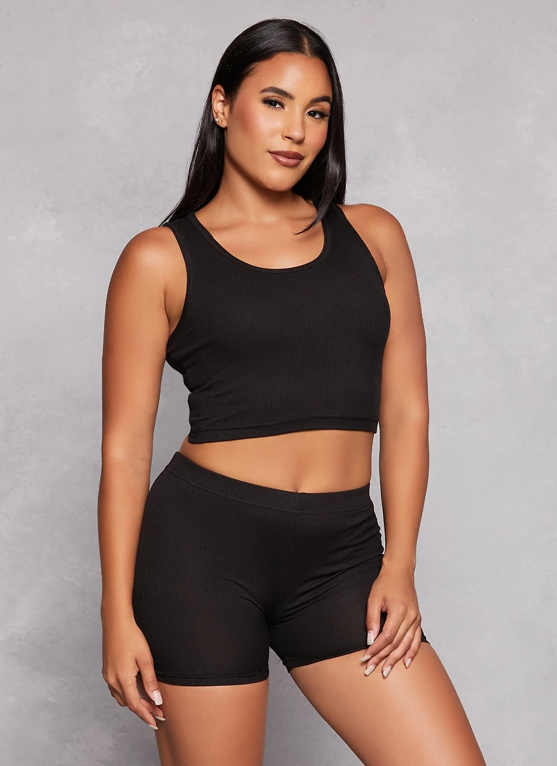 Rib Knit Cropped Pajama Tank Top and Shorts with Robe