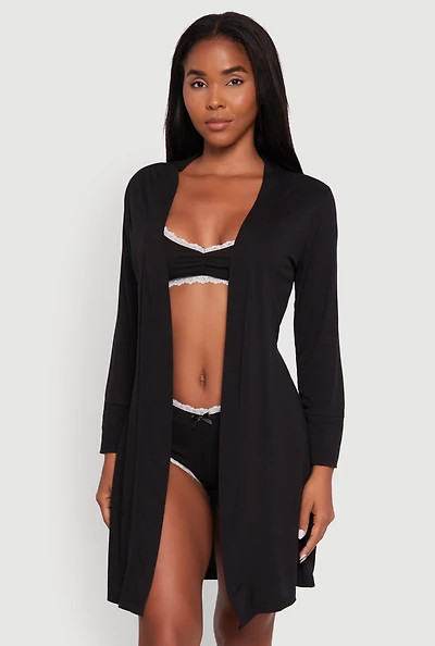 Womens Rib Knit Pajama Bralette and Boyshort Panty with Robe,