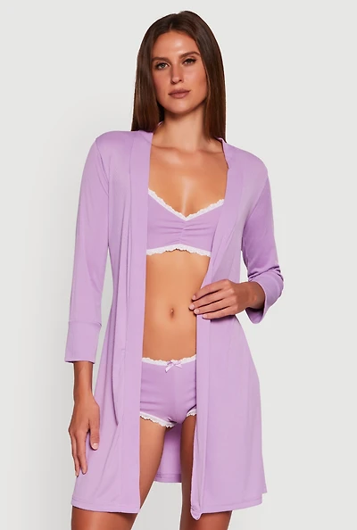 Womens Rib Knit Pajama Bralette and Boyshort Panty with Robe, Purple, Size XL