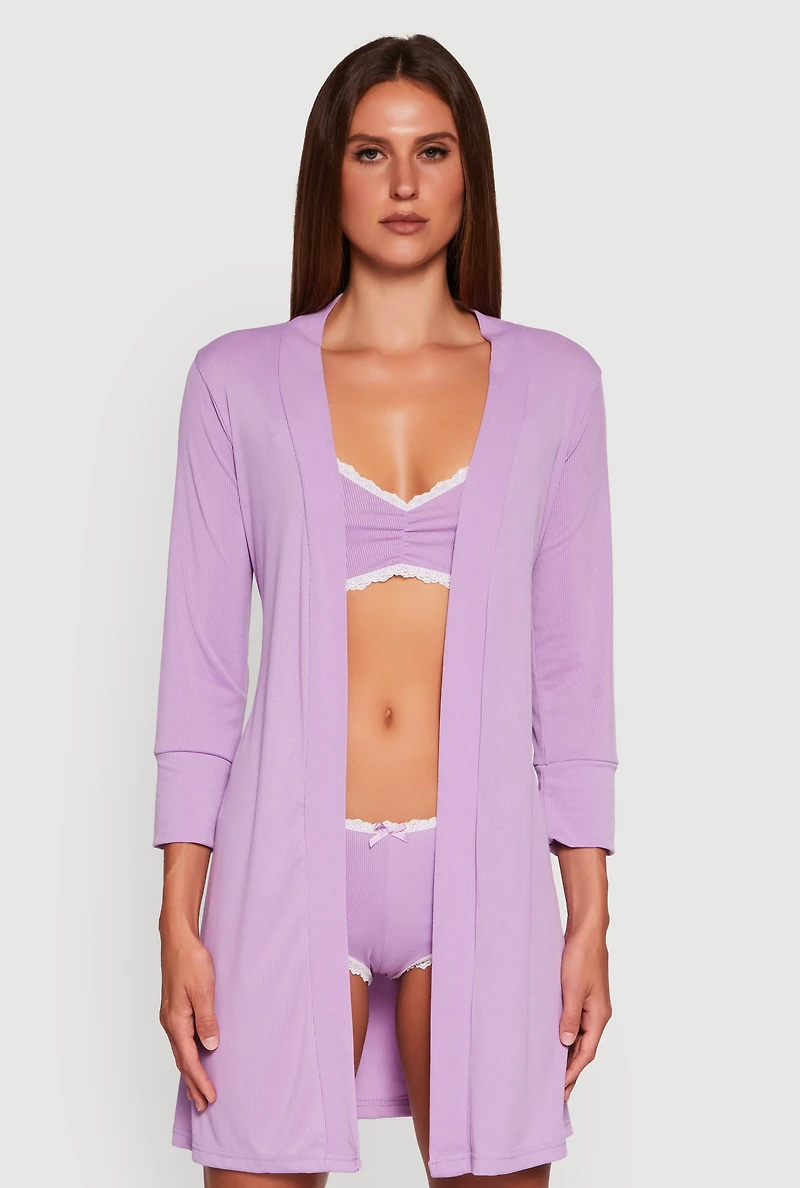 Womens Rib Knit Pajama Bralette and Boyshort Panty with Robe, Purple, Size XL