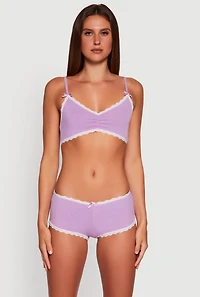 Womens Rib Knit Pajama Bralette and Boyshort Panty with Robe, Purple, Size XL