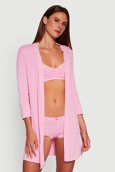 Womens Rib Knit Pajama Bralette and Boyshort Panty with Robe, Pink, Size L