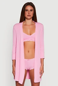 Womens Rib Knit Pajama Bralette and Boyshort Panty with Robe, Pink, Size L