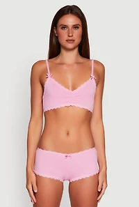 Womens Rib Knit Pajama Bralette and Boyshort Panty with Robe, Pink, Size L