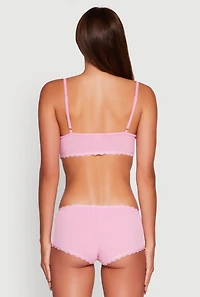 Womens Rib Knit Pajama Bralette and Boyshort Panty with Robe, Pink, Size L