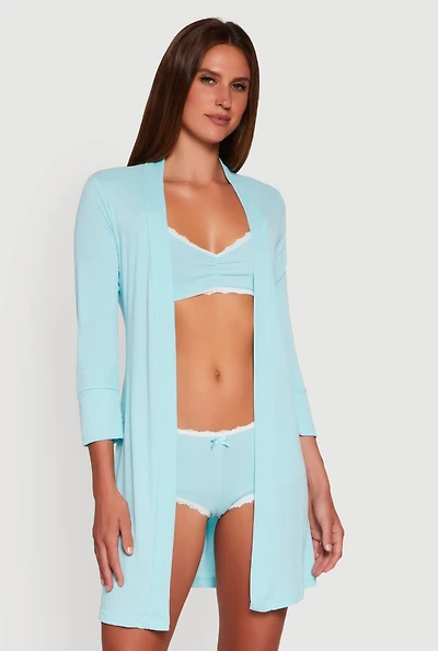 Womens Rib Knit Pajama Bralette and Boyshort Panty with Robe, Blue, Size S