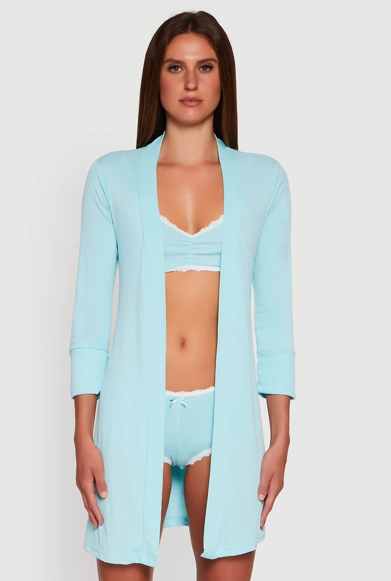Womens Rib Knit Pajama Bralette and Boyshort Panty with Robe, Blue, Size S