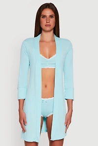 Womens Rib Knit Pajama Bralette and Boyshort Panty with Robe, Blue, Size S