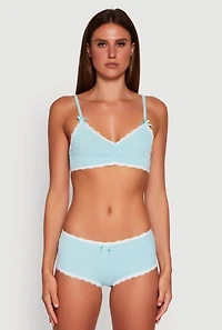 Womens Rib Knit Pajama Bralette and Boyshort Panty with Robe, Blue, Size S
