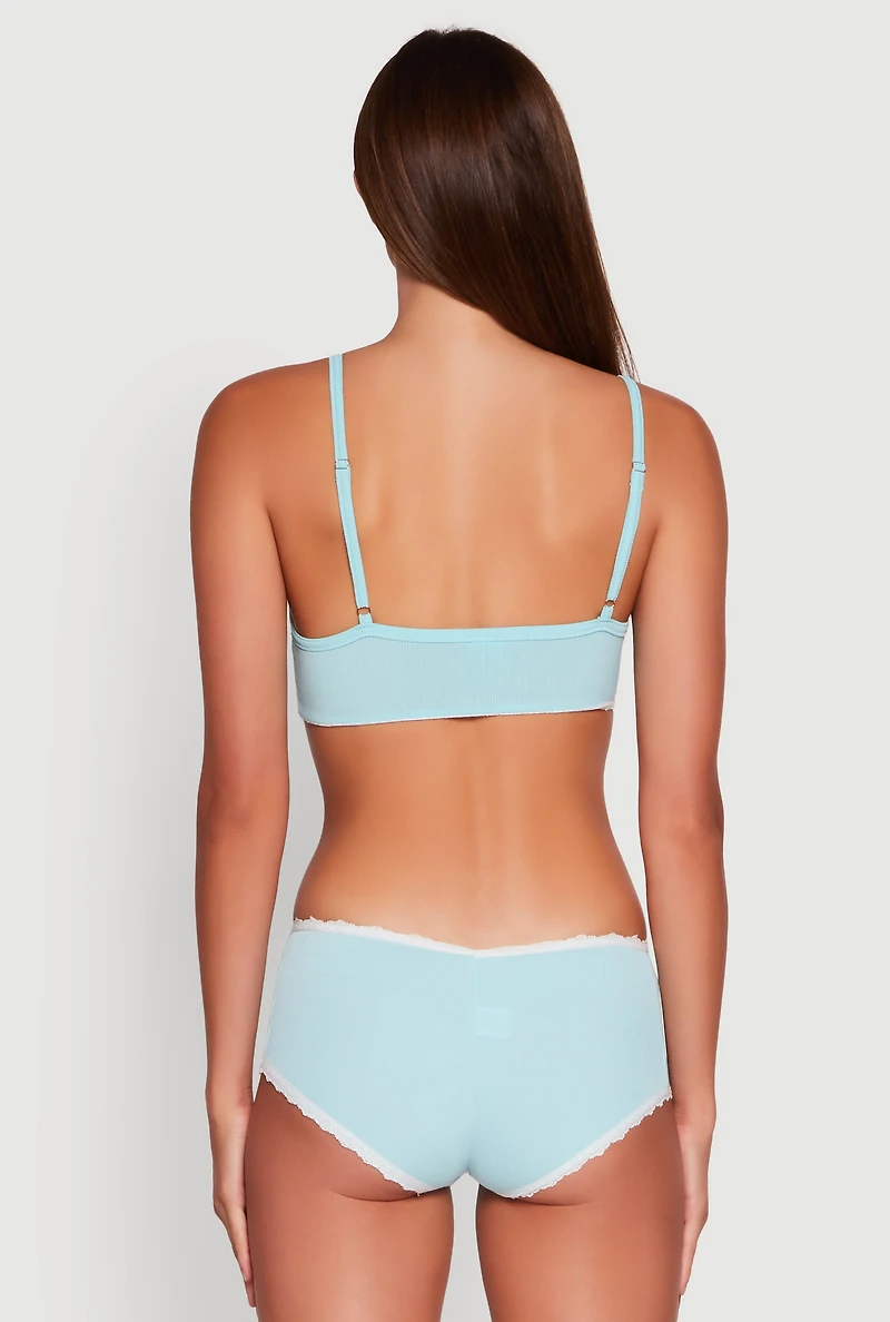 Womens Rib Knit Pajama Bralette and Boyshort Panty with Robe, Blue, Size S
