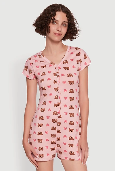 Womens Relax Teddy Bear Heart Print Pajama Romper, Pink, Size S