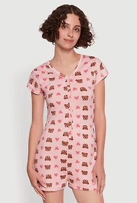 Womens Relax Teddy Bear Heart Print Pajama Romper, Pink, Size S