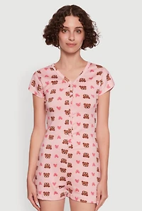Womens Relax Teddy Bear Heart Print Pajama Romper, Pink, Size M