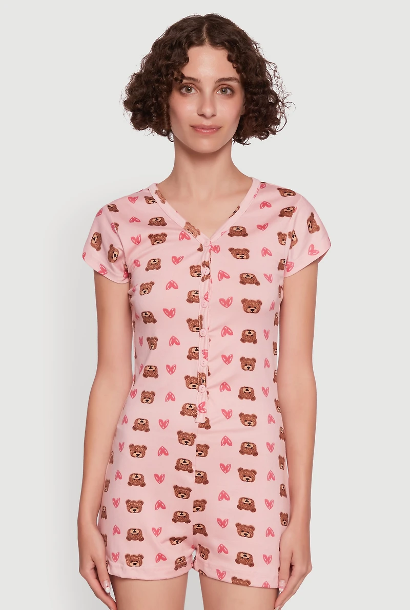 Womens Relax Teddy Bear Heart Print Pajama Romper, Pink, Size XL