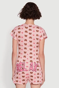 Womens Relax Teddy Bear Heart Print Pajama Romper, Pink, Size M