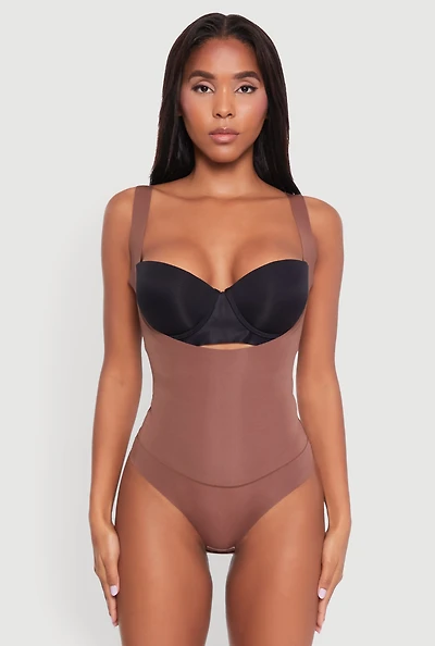 Womens Sleek Sleeveless Shapewear Bodysuit with Scoop Neck, Brown,