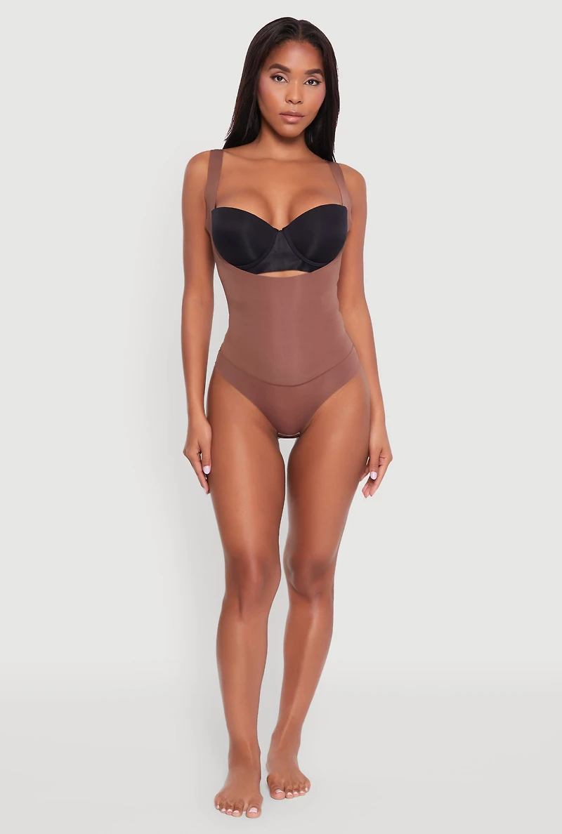 Womens Sleek Sleeveless Shapewear Bodysuit with Scoop Neck, Brown, Size L