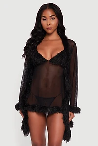 Womens Feather Trim Mesh Robe and Babydoll with G String, Black, Size M