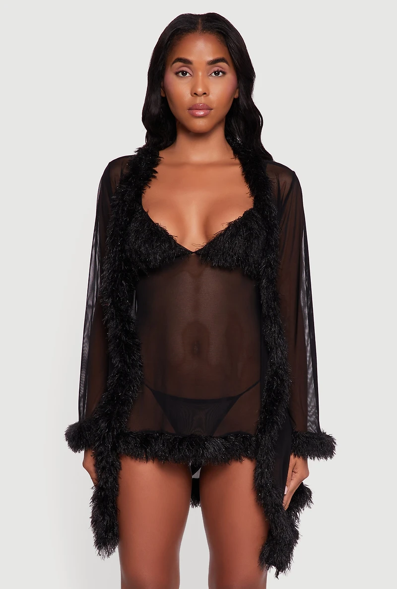 Womens Feather Trim Mesh Robe and Babydoll with G String, Black, Size L