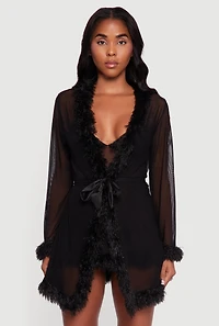 Womens Feather Trim Mesh Robe and Babydoll with G String, Black, Size M