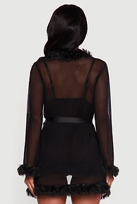 Womens Feather Trim Mesh Robe and Babydoll with G String, Black, Size M