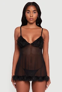 Womens Feather Trim Mesh Robe and Babydoll with G String, Black, Size M