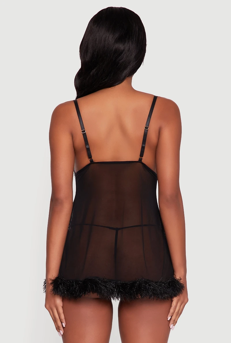 Womens Feather Trim Mesh Robe and Babydoll with G String, Black, Size M