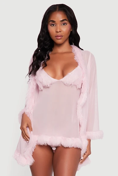 Womens Mesh Feather Trim Robe and Babydoll with G String, Pink, Size L