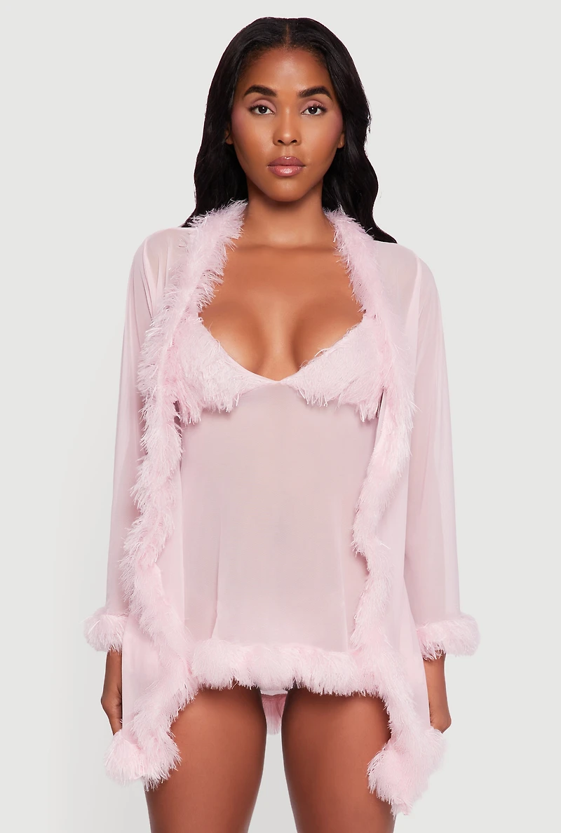 Womens Mesh Feather Trim Robe and Babydoll with G String, Pink, Size L