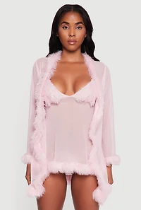 Womens Mesh Feather Trim Robe and Babydoll with G String, Pink, Size L