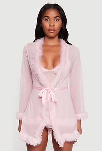 Womens Mesh Feather Trim Robe and Babydoll with G String, Pink, Size L