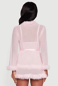 Womens Mesh Feather Trim Robe and Babydoll with G String, Pink, Size L