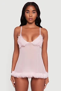 Womens Mesh Feather Trim Robe and Babydoll with G String, Pink, Size L