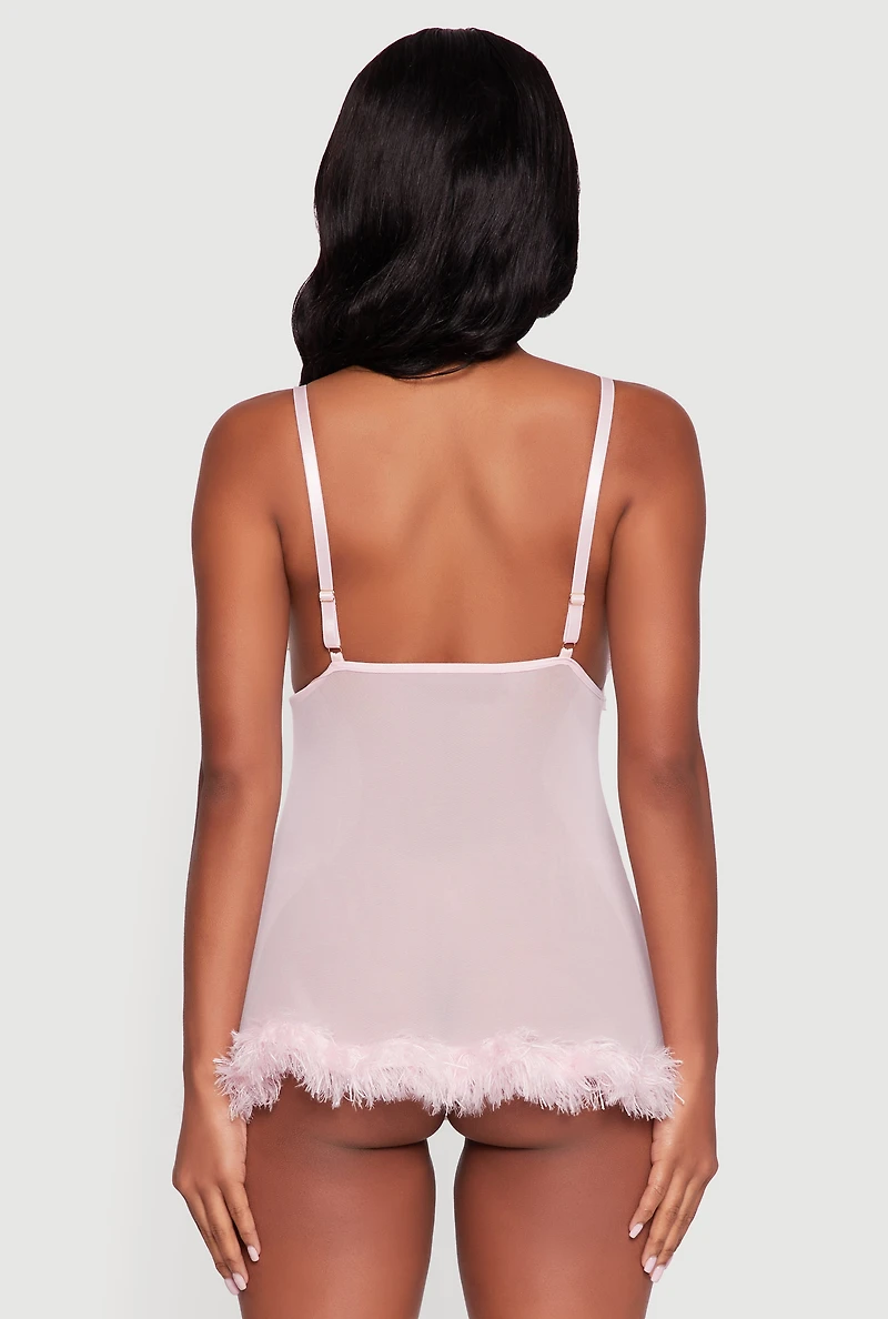 Womens Mesh Feather Trim Robe and Babydoll with G String, Pink, Size L