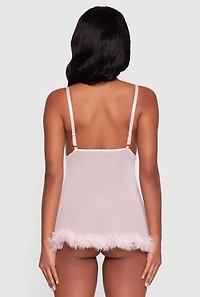 Womens Mesh Feather Trim Robe and Babydoll with G String, Pink, Size L