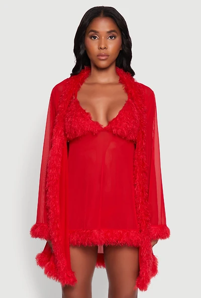 Womens Feather Trim Babydoll and G-String with Robe Set, Red, Size XL