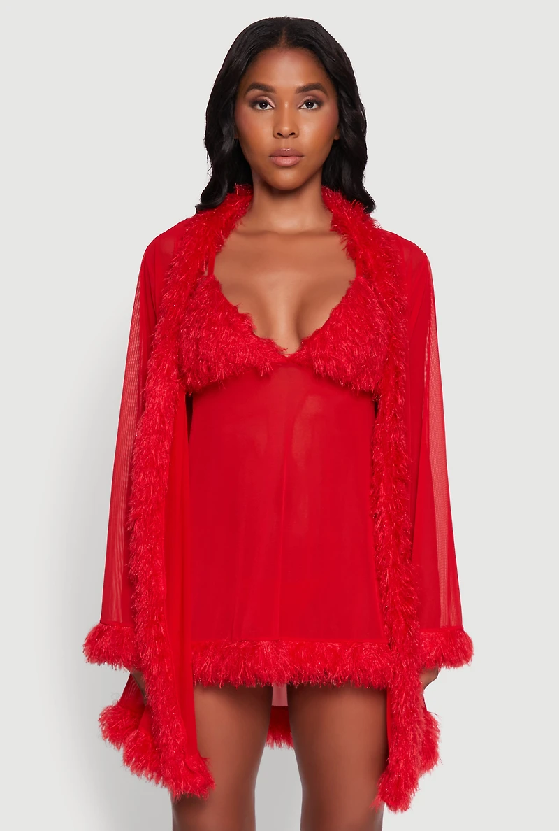 Womens Feather Trim Babydoll and G-String with Robe Set, Red, Size L